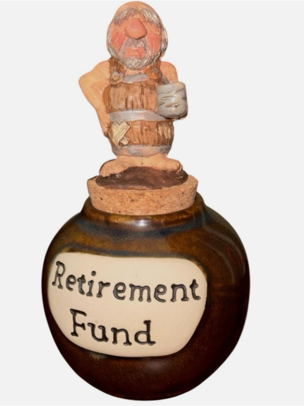 Vintage Funny Money What A Concept Jar Figurine Retirement Fund Bank W/ Cork Lid